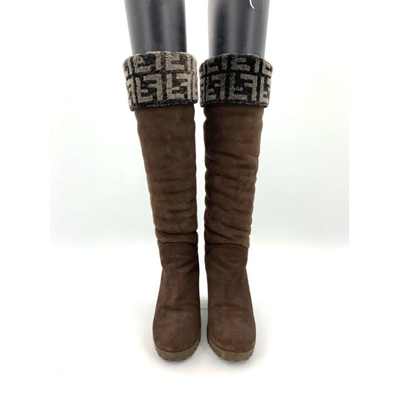 Fendi Womens Suede Wedge High Boots With Logo Cuff Brown Size 35.5 Made In Italy - Picture 3 of 6